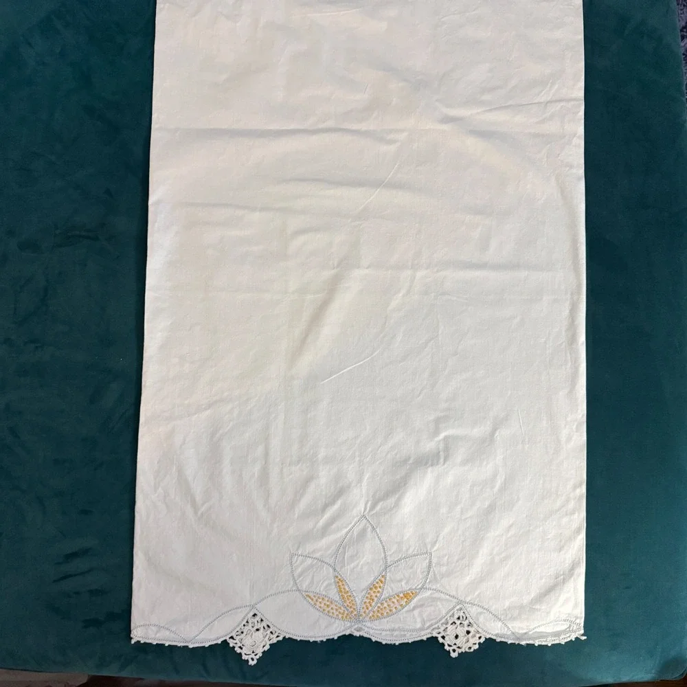 Vintage White Cotton Pillowcase Set 4 Hand Embroidered Lotus Flower Crochet Lace